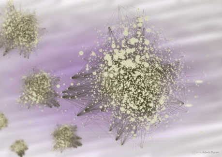 Networks of adhesion proteins and their interactions in cells // Image by Adam Byron